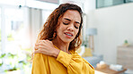 Woman, discomfort and ache of shoulder pain in home from injury, muscle strain and pinched nerve. Person, sprain and joint fatigue with inflammation, fibromyalgia and cramps of osteoporosis condition