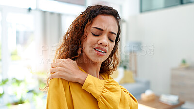 Buy stock photo Woman, discomfort and ache of shoulder pain in home from injury, muscle strain and pinched nerve. Person, sprain and joint fatigue with inflammation, fibromyalgia and cramps of osteoporosis condition