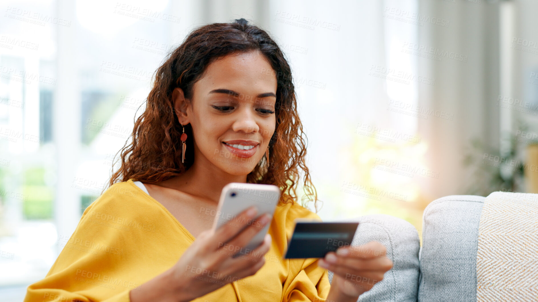 Buy stock photo Credit card, phone and woman in home for payment, investment or online shopping in living room. Mobile, sofa and happy person with debit for digital money, internet banking or financial purchase