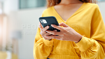 Buy stock photo Hands, phone and woman in home for internet, social media or download dating app in living room. Mobile, online or person with matchmaking website for connection search, communication or text message