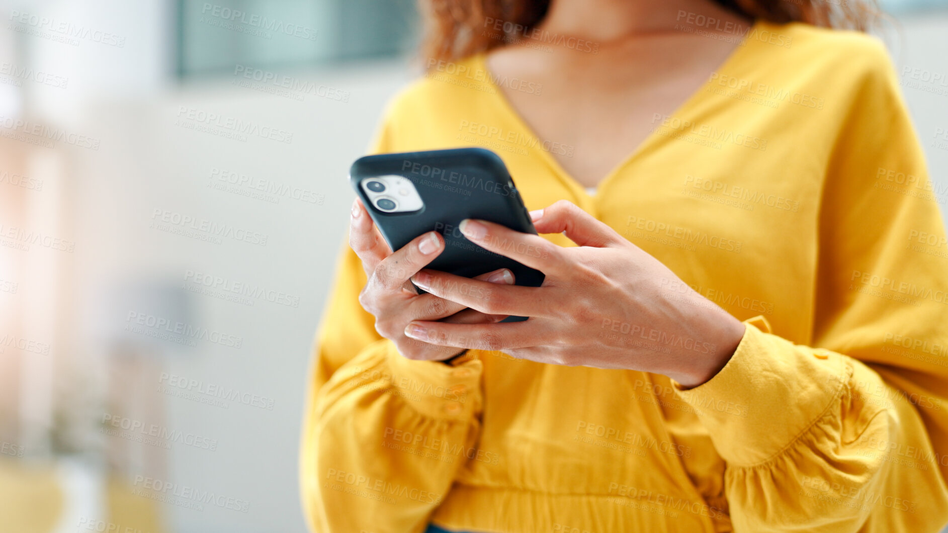 Buy stock photo Hands, phone and woman in home for internet, social media or download dating app in living room. Mobile, online or person with matchmaking website for connection search, communication or text message