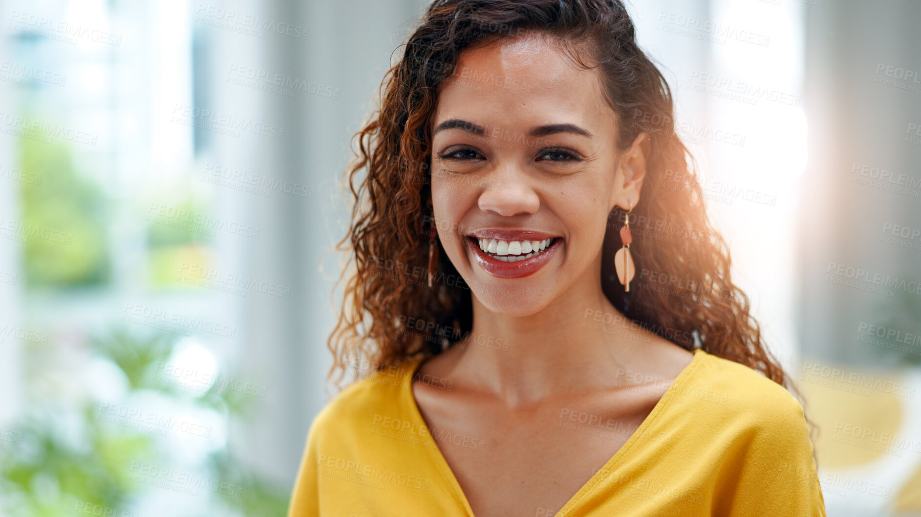 Buy stock photo Happy, woman and student with portrait at house for peace, calm morning and spring break. Smile, confident and female person for stress relief, positive attitude and university holiday in living room