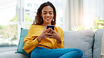 Smile, mobile and woman in home for relax, social media or download dating app in living room. Phone, sofa and person with matchmaking website for connection search, communication and text message