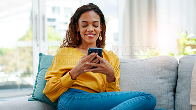 Buy stock photo Smile, mobile and woman in home for relax, social media or download dating app in living room. Phone, sofa and person with matchmaking website for connection search, communication and text message