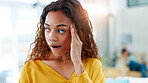 Headache, tired and woman in living room with massage, frustrated or tension with discomfort. Pain, fatigue and female person in house with migraine, inflammation or sore head with dizziness. 