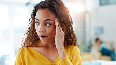 Buy stock photo Headache, tired and woman in living room with massage, frustrated or tension with discomfort. Pain, fatigue and female person in house with migraine, inflammation or sore head with dizziness. 