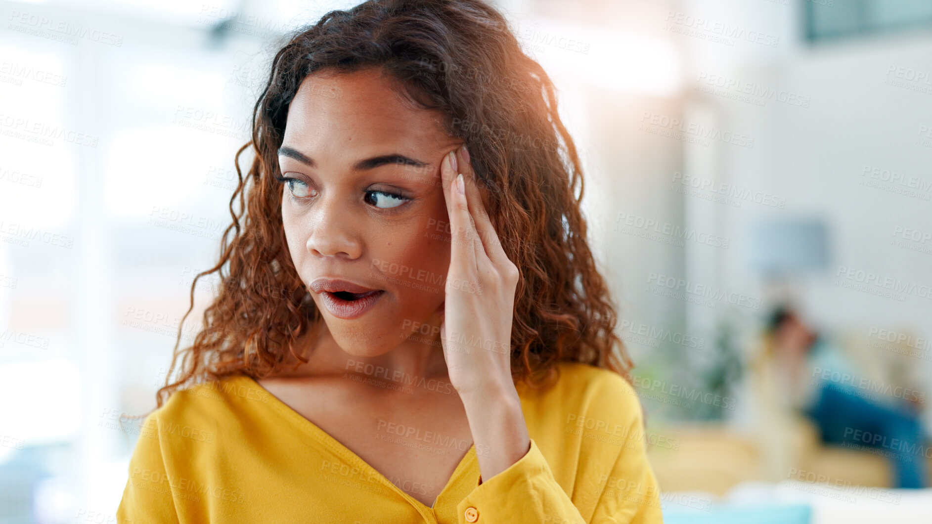 Buy stock photo Headache, tired and woman in living room with massage, frustrated or tension with discomfort. Pain, fatigue and female person in house with migraine, inflammation or sore head with dizziness. 