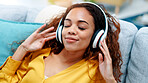 Mindfulness, home and woman with headphones on couch, sleep and listening to music with subscription. Streaming, audio and happy person with tech for entertainment, online or rest with sound in house