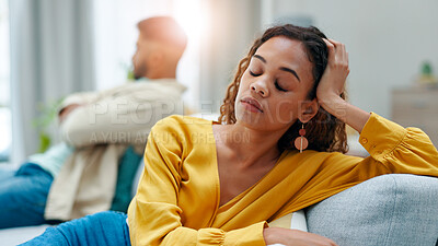 Buy stock photo Upset, conflict and woman on sofa in home with toxic relationship, divorce or cheating mistake. Annoyed, stress and female person in living room with breakup, infidelity or marriage fail in house.