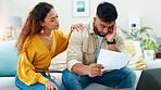 Stress, laptop or couple in house with paper, partner support or payment pressure in money management. Worry, tax review or people with tech, missing bill or comfort in poor financial planning.
