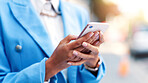 Message, business and hands with phone, agenda change and project planning in online chat. Digital communication, woman and employee with tech, meeting schedule and feedback on report update.