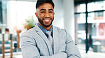 Happy, crossed arms and portrait of businessman in office with confidence for creative career. Professional, about us and male brand consultant with pride for job opportunity at startup in Mexico.