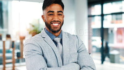 Buy stock photo Happy, crossed arms and portrait of businessman in office with confidence for finance career. Professional, about us and male financial manager with pride for job opportunity at workplace in Mexico.
