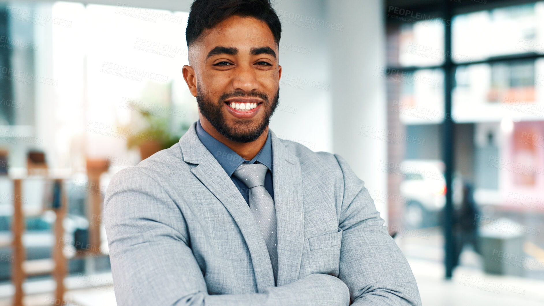 Buy stock photo Happy, crossed arms and portrait of businessman in office with confidence for finance career. Professional, about us and male financial manager with pride for job opportunity at workplace in Mexico.