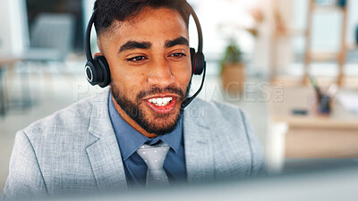 Buy stock photo Businessman, talk and telemarketing in office with computer, explain life insurance and lead generation. Person, discussion and contact in workplace with desktop, policy and financial service advice.