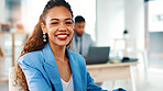 Portrait, business and woman with smile in office for career pride, about us and real estate agent. Happy, female person or coworking with ambition, realtor and positive attitude for property auction