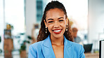 Happy, professional and portrait of businesswoman in office with confidence for creative career. Smile, about us and female brand consultant with pride for job opportunity at startup in Colombia.