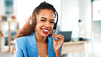 Headset, happy and portrait of businesswoman in office with communication, consultation or client engagement. Smile, mic and customer success manager with support for crm, onboarding or helpdesk.