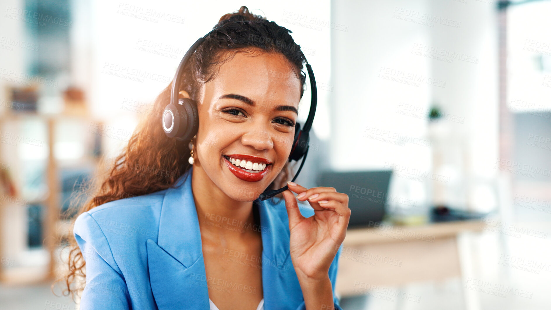 Buy stock photo Headset, happy and portrait of businesswoman in office with communication, consultation or client engagement. Smile, mic and customer success manager with support for crm, onboarding or helpdesk.
