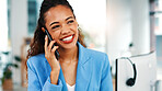Happy, businesswoman and listen in office with phone call, good news and update for financial audit. Accountant, person and contact in firm with tech, positive feedback and smile for finance review.