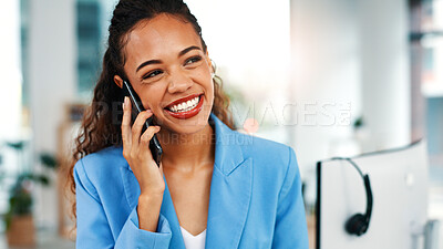 Buy stock photo Happy, businesswoman and listen in office with phone call, good news or update for virtual assistant. Online administrator, person and smile in agency with tech, contact or positive feedback for work