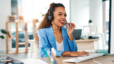 Buy stock photo Businesswoman, talk and telemarketing in office with computer, explain life insurance or market survey. Person, discussion and contact in workplace with desktop, lead generation or advice for policy.