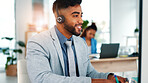 Insurance, businessman and talk in office with telemarketing survey, questions and lead generation. Coworking, person and agent in workplace with contact, policy feedback or financial service advice.