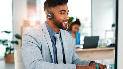 Buy stock photo Insurance, businessman and talk in office with telemarketing survey, questions and lead generation. Coworking, person and agent in workplace with contact, policy feedback or advice for sales service.