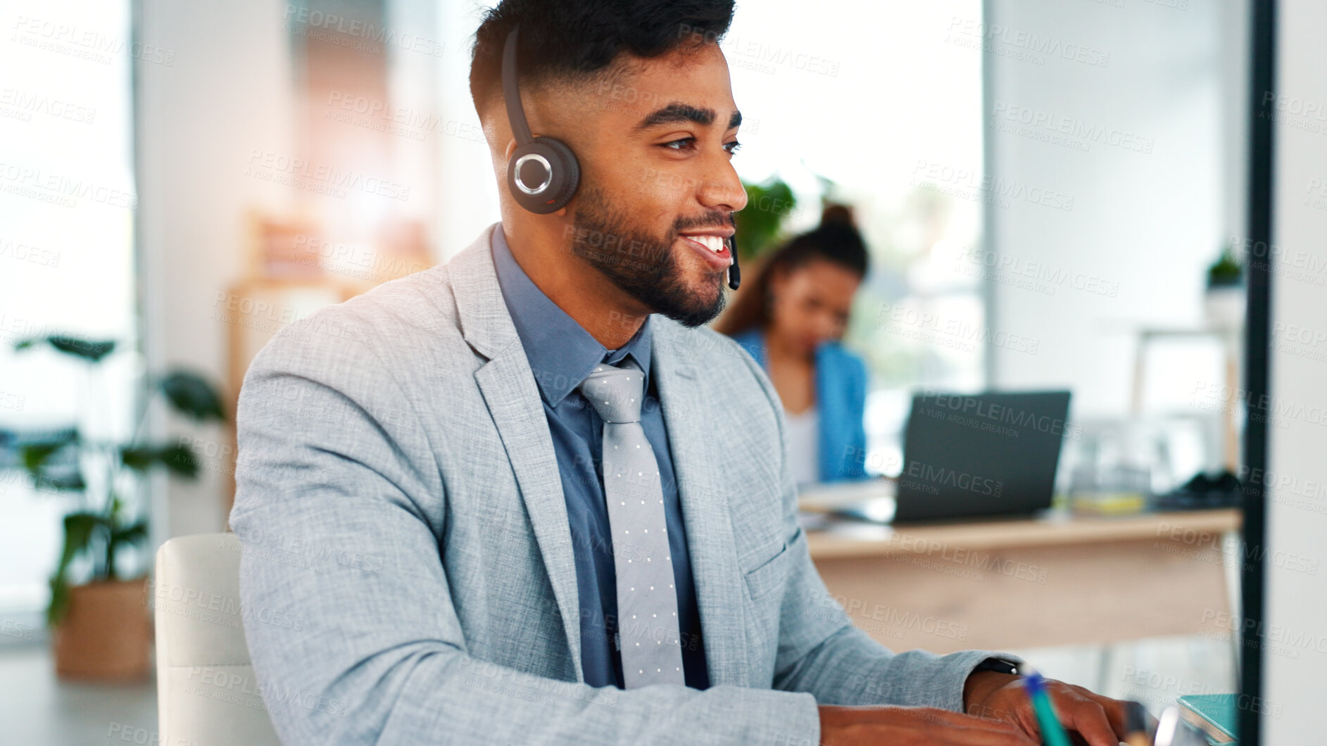 Buy stock photo Insurance, businessman and talk in office with telemarketing survey, questions and lead generation. Coworking, person and agent in workplace with contact, policy feedback or advice for sales service.