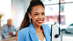 Smile, professional and portrait of businesswoman in office with confidence for creative career. Happy, about us and female brand consultant with pride for job opportunity at startup in Colombia.