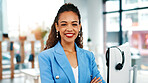 Happy, crossed arms and portrait of businesswoman in office with confidence for creative career. Smile, about us and female brand consultant with pride for job opportunity at startup in Colombia.