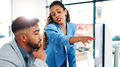 Buy stock photo Finance, discussion and business people in office with computer, review or collaboration for audit. Accounting, team and explain in workplace with desktop, advice or planning for financial management