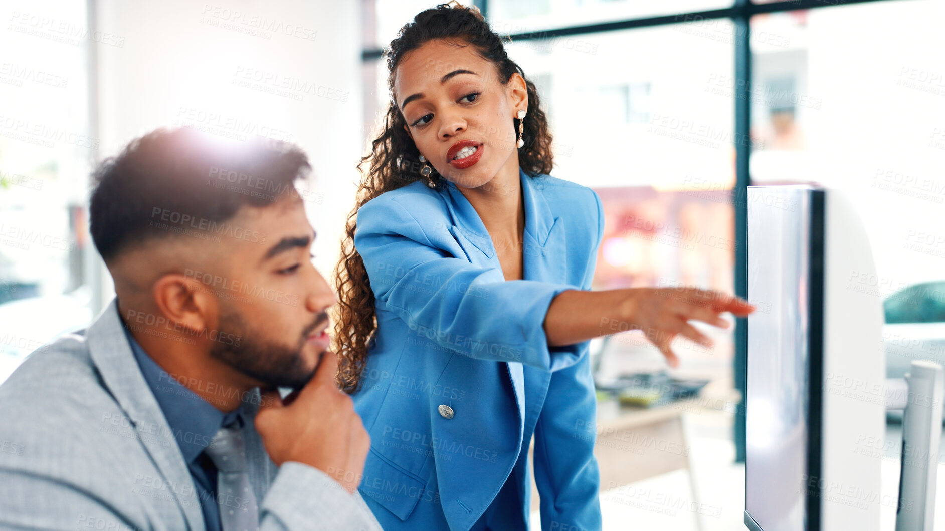 Buy stock photo Finance, discussion and business people in office with computer, review or collaboration for audit. Accounting, team and explain in workplace with desktop, advice or planning for financial management