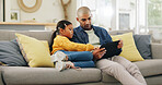 Tablet, father and girl in home, internet and digital app for social media, relax and bonding together. Apartment, family or dad on sofa, parent or daughter with tech for entertainment and connection