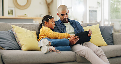 Buy stock photo Tablet, father and girl in home, internet and digital app for social media, relax and bonding together. Apartment, family or dad on sofa, parent or daughter with tech for entertainment and connection