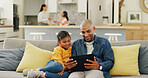 Tablet, father and girl in home, funny and digital app for social media, smile or bonding together. Happiness, family or dad on couch, parent or daughter with tech for online humor and entertainment