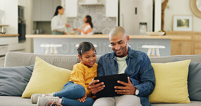 Buy stock photo Tablet, father and girl in home, funny and digital app for social media, smile or bonding together. Happiness, family or dad on couch, cartoon or daughter with tech for online humor and entertainment