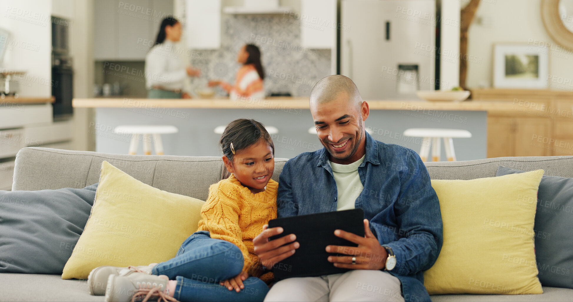 Buy stock photo Tablet, father and girl in home, funny and digital app for social media, smile or bonding together. Happiness, family or dad on couch, cartoon or daughter with tech for online humor and entertainment