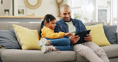 Buy stock photo Tablet, father and girl in home, internet and digital app for social media, relax or bonding together. Happy, family or dad on sofa, typing or daughter with tech for entertainment or smile in lounge