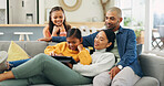 Tablet, family and girls in home, relax and digital app for social media, smile and bonding together. Apartment, mother or father on sofa, parents or daughters with tech for entertainment or watching