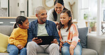 Tablet, family and girls in home, funny and digital app for social media, laugh and bonding together. Happy, mother or father on sofa, online humor or daughters with tech for entertainment or smile