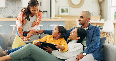 Buy stock photo Parents, children and relax on sofa with tablet, playing online game and bonding together on weekend. People, family and girls in house with digital tech, kids app and gaming website for wellness.