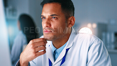 Buy stock photo Reading, science and man in lab on computer for medical planning, medicine and research for vaccine. Healthcare, pharmaceutical and person on pc for clinical trial, thinking or forensic evaluation