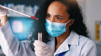Blood sample, science and woman in lab, research for DNA test and cure development. Scientist, employee and person in workplace, face mask for safety and medical service for innovation and results