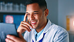 Happy, science and man in lab on tablet for reading medical results, clinical report and vaccine success. Healthcare, pharmaceutical and person on tech for evaluation, solution and medicine discovery