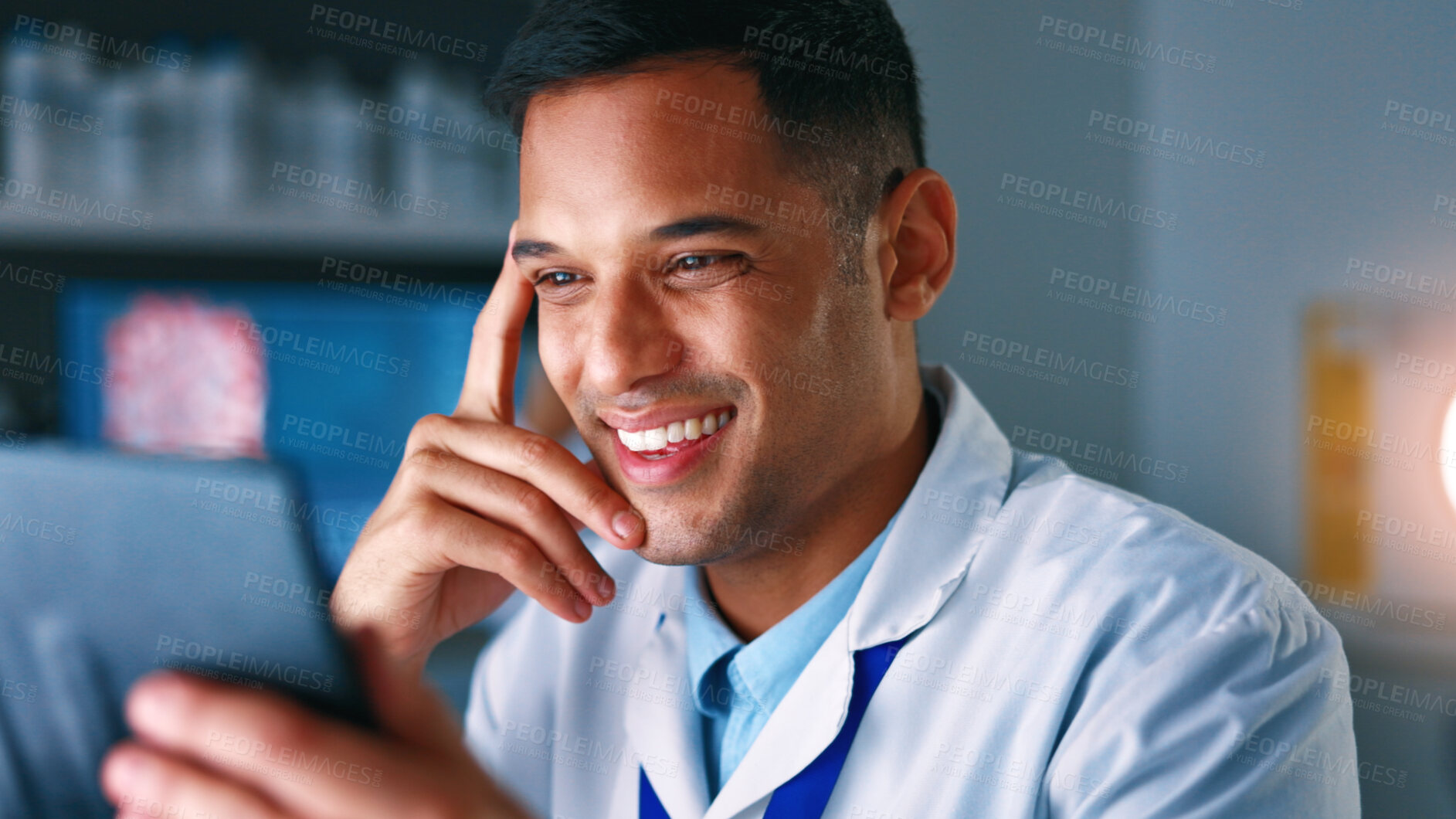 Buy stock photo Happy, science and man in lab on tablet for reading medical results, clinical report and vaccine success. Healthcare, pharmaceutical and person on tech for research, solution and medicine discovery