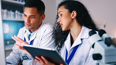Buy stock photo Scientist, tablet and review with team at lab for medical research, discussion and insight for solution. People, tech and computer with pharmaceutical study, feedback and app for vaccine development
