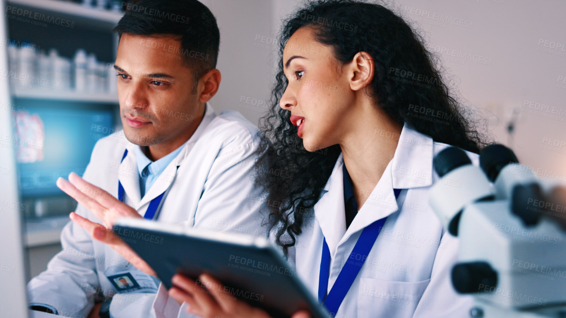 Buy stock photo Scientist, tablet and review with team at lab for medical research, discussion and insight for solution. People, tech and computer with pharmaceutical study, feedback and app for vaccine development