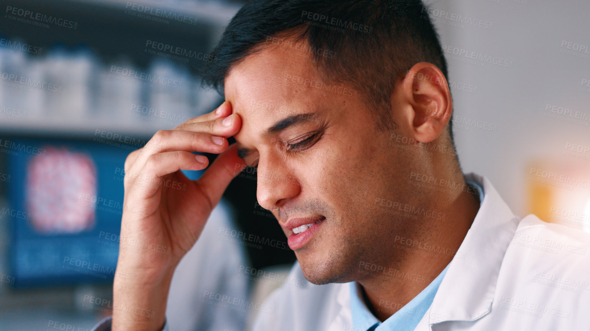 Buy stock photo Headache, scientist or man with stress in laboratory, research burnout or medical trial for overwhelm. Migraine, tired or researcher with experiment pressure for pharma study, exhausted or overworked