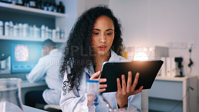 Buy stock photo Healthcare, science and woman in lab on tablet for medical review, clinical trial and vaccine development. Medicine, pharmaceutical and person on tech for research, data analysis and study results
